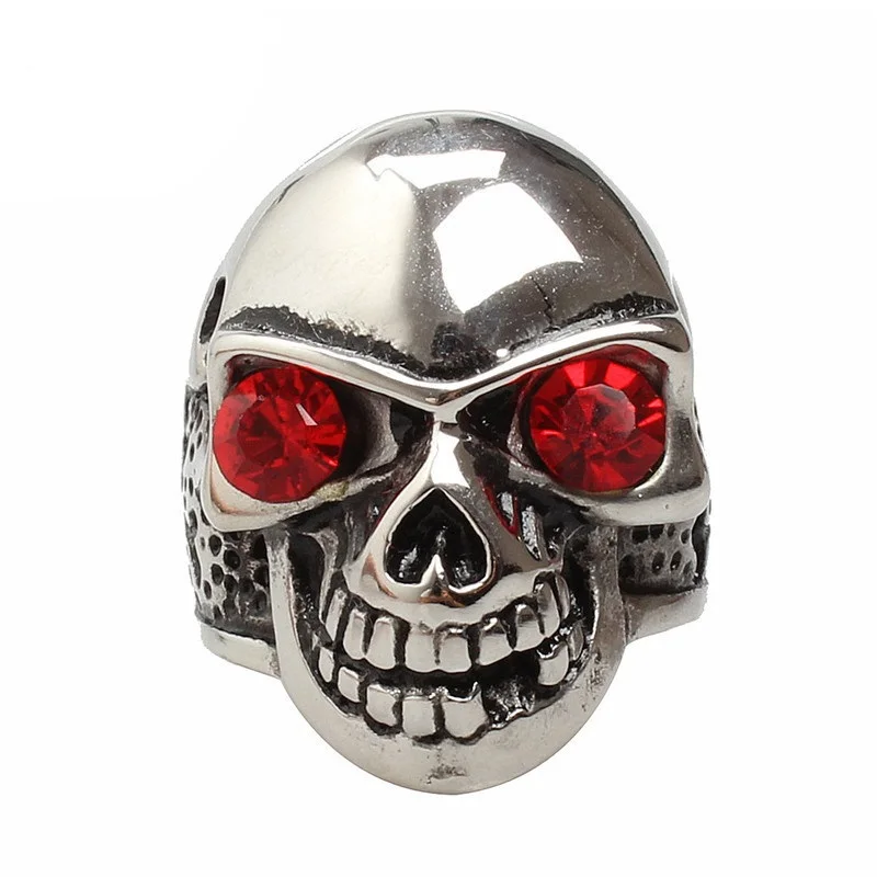 Red Gem Classic Archaize Stainless Steel Skull Biker Finger Rings Men's Jewelry US Size 7 to 14