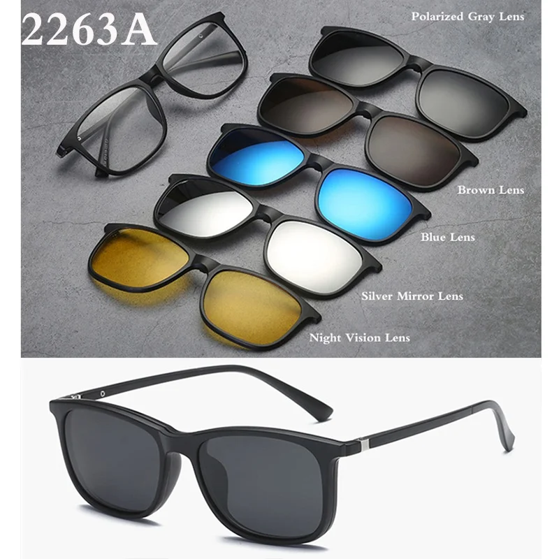 Belmon Spectacle Frame Men Women With 5 PCS Clip On Polarized Sunglasses Magnetic Glasses Male Myopia Computer Optical RS543