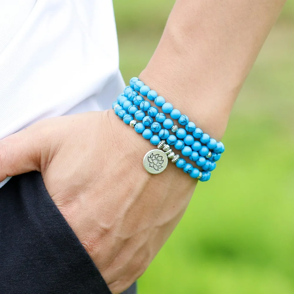 108 Mala Lotus Buddha Tree Charm Women Blue Howlite Jewelry Prayer 6MM Beads Healing Stone Bracelet Men Lucky Gift