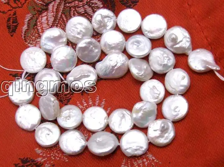 

Qingmos 13-14mm Coin Round Natural White Pearl Beads for Jewelry Making DIY Necklace Bracelet Earring Loose Strands 14" los73