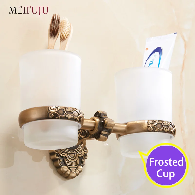 MEIFUJU Aluminum Antique Tumbler Toothpaste Toothbrush Holder with Double Ceramics Cups Tumbler Holders White Wall Mounted