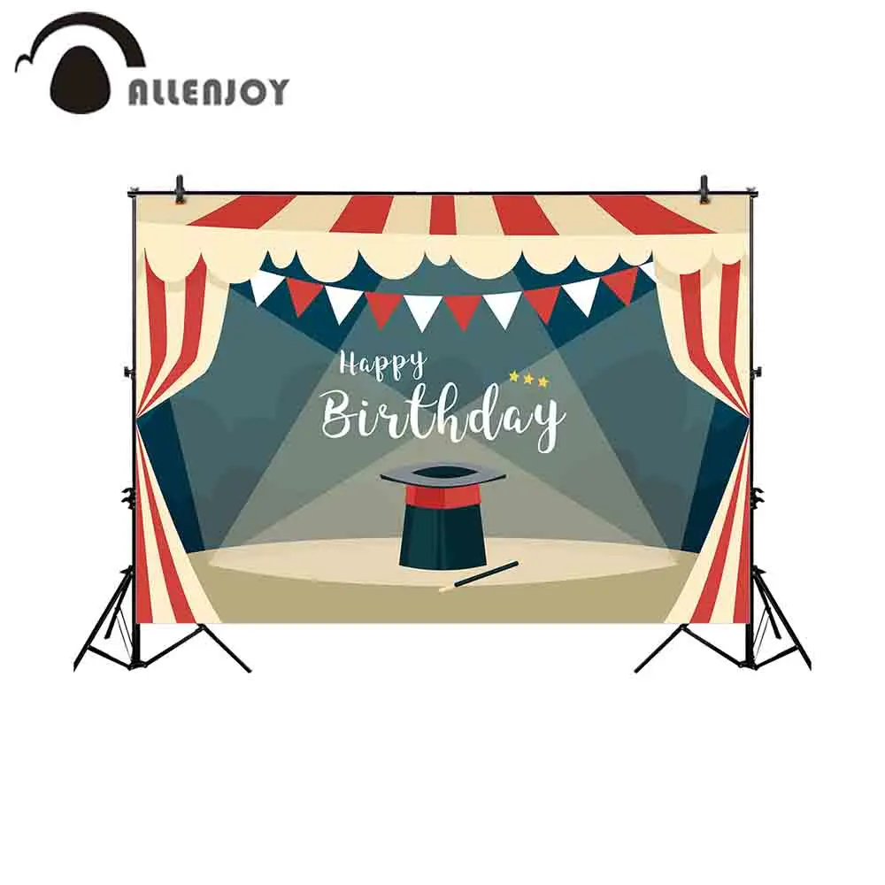 Allenjoy kids background for photography Circus tent Red white banner Magic hat Happy Birthday backdrop customize photocall