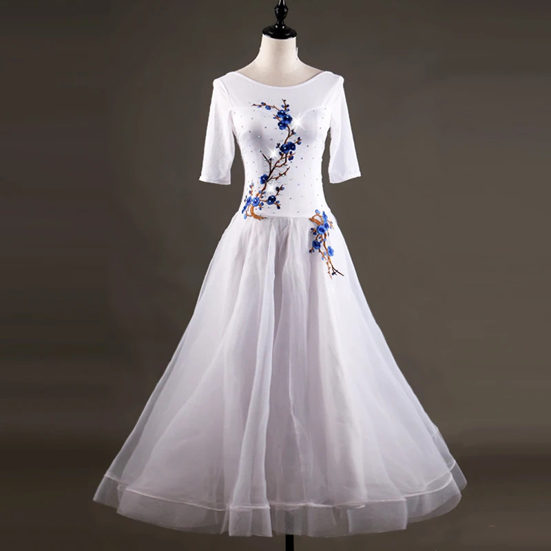 

FANCY White Modern Dance dress Embroidery Ballroom Dancing Dress half sleeve one piece dress