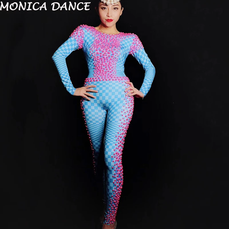 

Sexy Pink Pearls Stones Blue Plaid Spandex Jumpsuit Nightclub Birthday Party Leggings Female Singer Dancer Bodysuit Costume