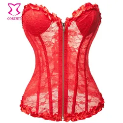 Red Transparent Floral Lace Zipper Corset Top Padded Cup Body Shaper Women Bridal Corselet Overbust Bustier Sexy Gothic Lingerie