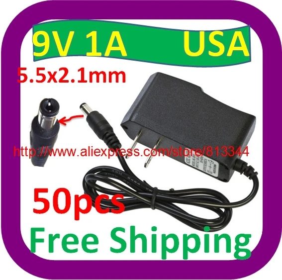 

50 Pcs AC 100V-240V Converter Adapter DC 9V 1A Power Supply US Plug DC 5.5mm x 2.1mm 9V 1000mA