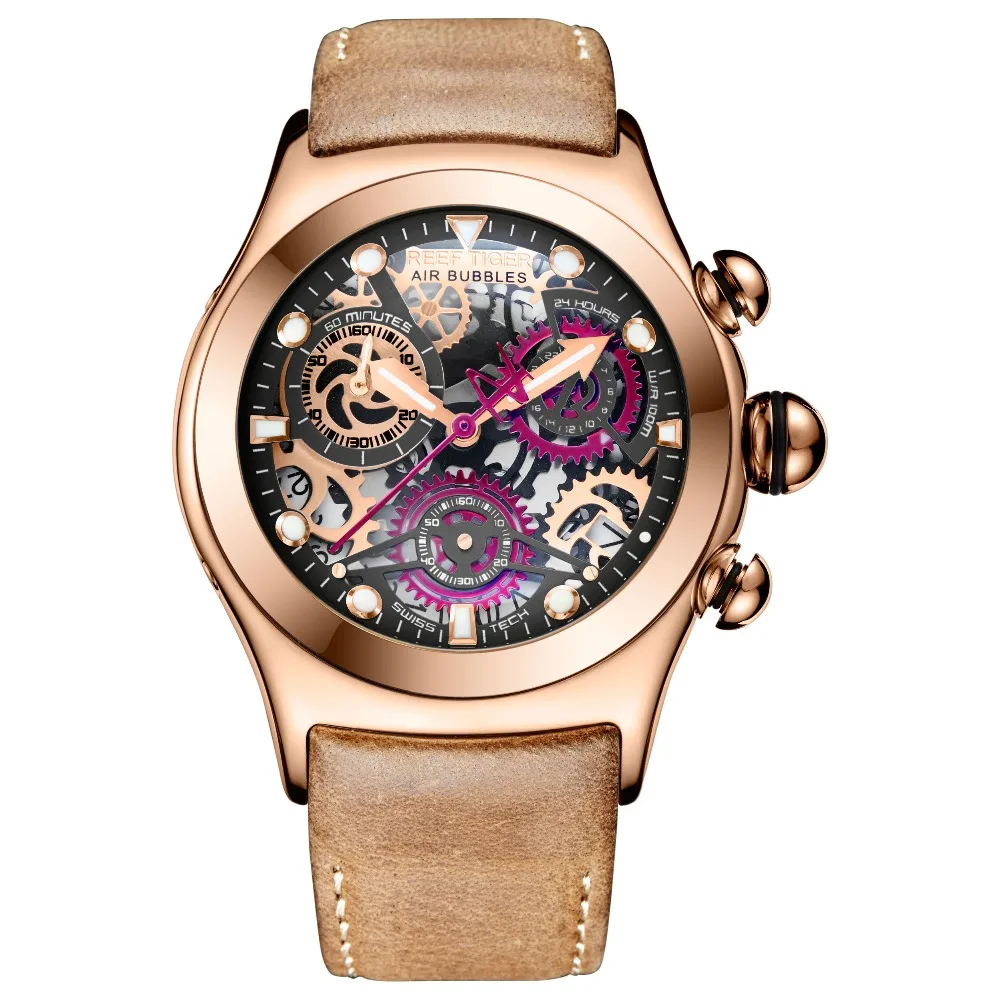 Men's Reef Tiger RT Skeleton Sport Watch Rose Gold Luminous Quartz Movement Genuine Leather Strap RGA792