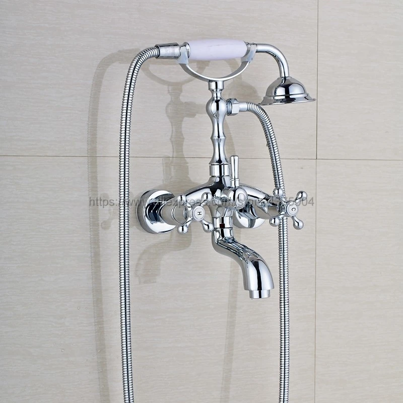 

Polished Chrome Wall Mounted Telephone Euro Bath Tub Faucet Mixer Tap w/ Handheld Spray Shower Ntf931