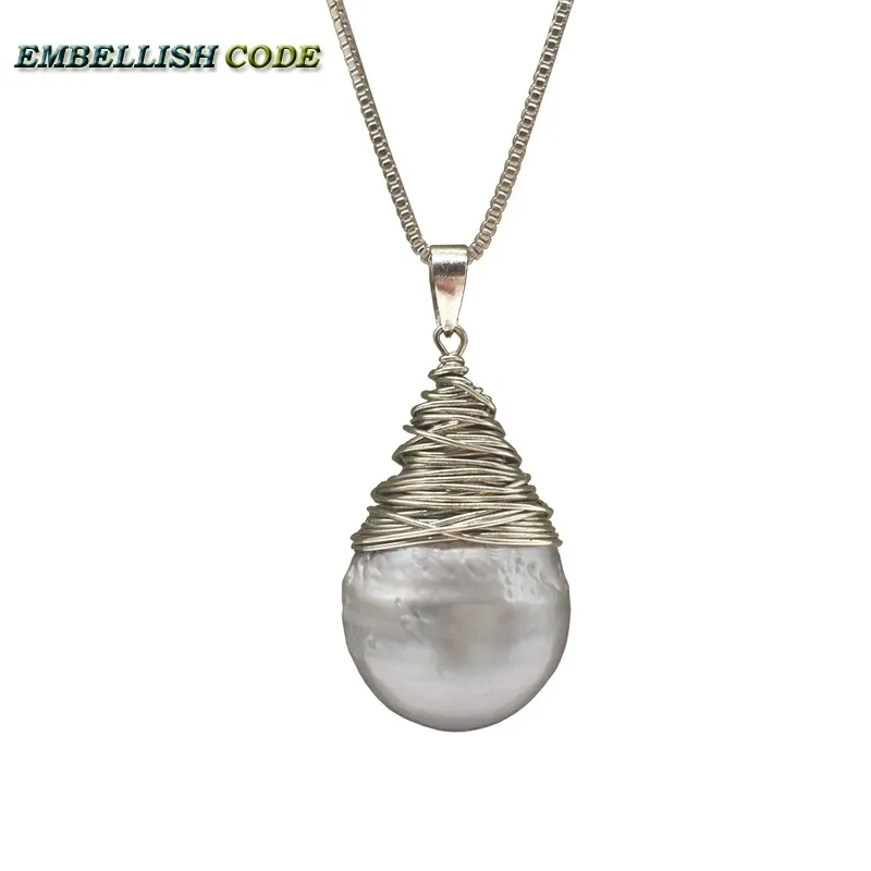 handmade light grey baroque pearl flameball silver color wire pendant necklace 16'' 18'' box chain special for Lady