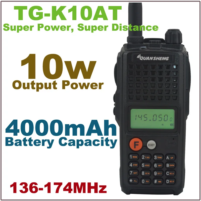 QuanSheng TG-K10AT 10W Walkie Talkie VHF136-174MHz 10km Talk Range Portable Two Way Radio with 4000mAh Battery Pack