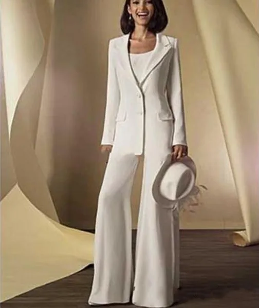 New Satin Long Sleeves Mother Of the Bride Dresses Pant Suits with jacket 3 Pieces Custom Made Women White Formal Outfits