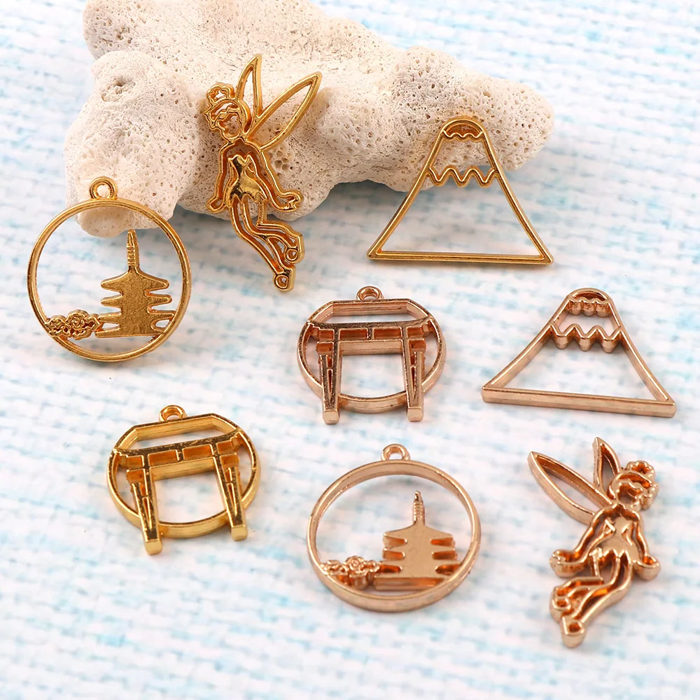 4pc/set  Mix Metal Hollow Triangle Tower Angel Shape UV Resin Charm Frame Pendant Gold Charm Bezel Setting Cabochon Setting