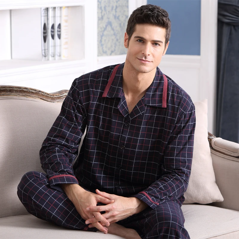 Men\'s Pajamas Long Sleeves Plus Size Top Pant Set Adult Cotton Homewear Male Pyjama Sleepwear Mens Pajamas Men Nightwear D-2200