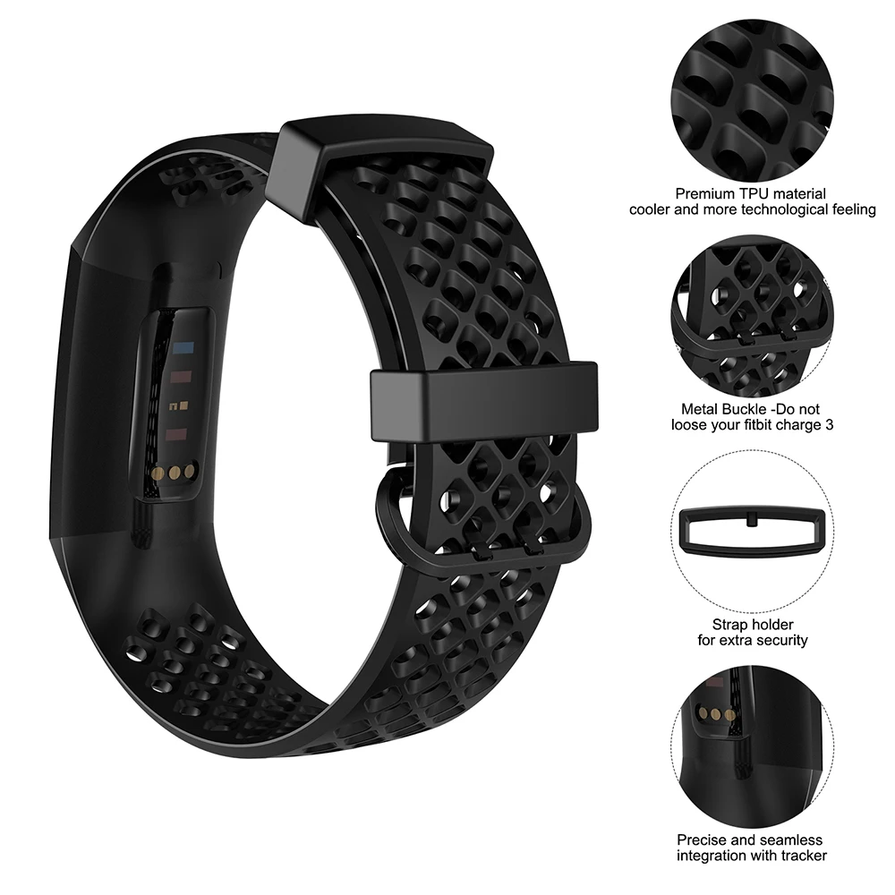 Honecumi Strap For Fitbit Charge 3 Band Replacement Holes Wrist Strap For Fitbit Charge 3 Smart Watch TPU Bracelet Small Large