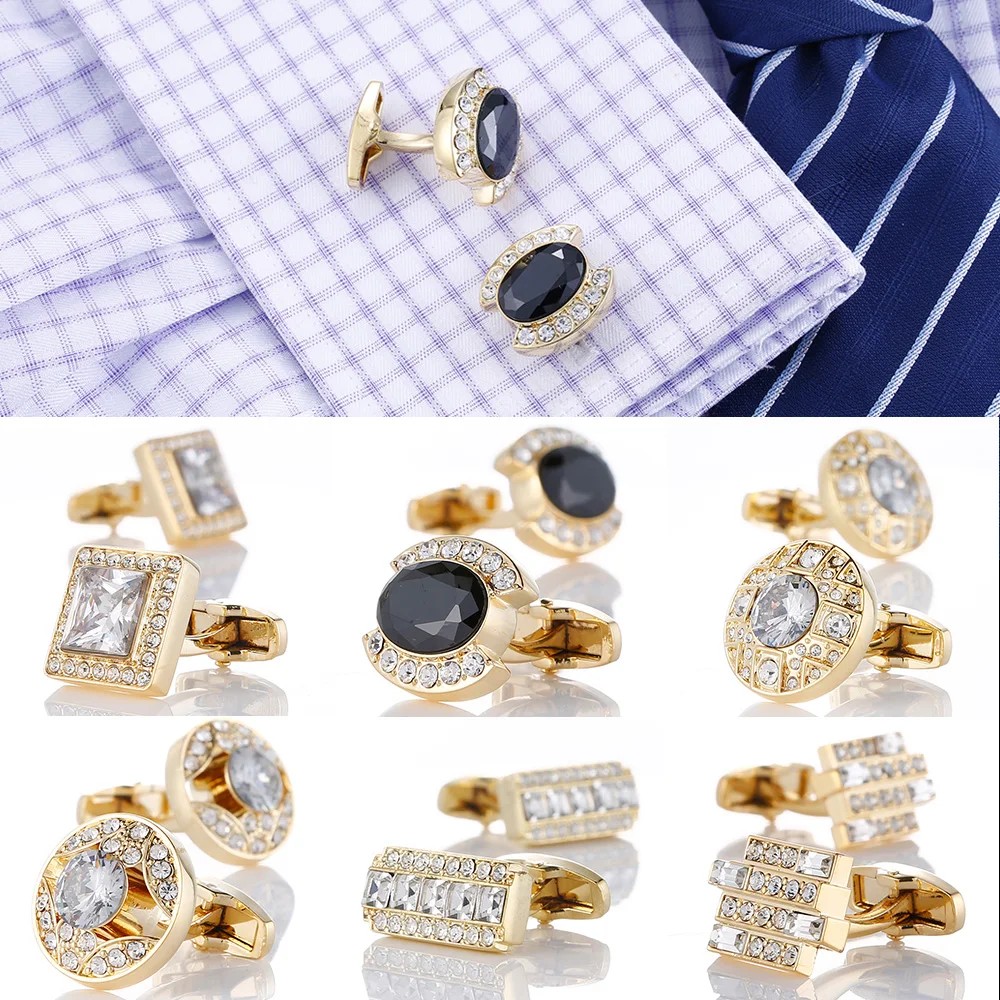 Luxury Golden Man Cufflinks With Crystal French Shirt Sleeve Buttons Wedding Groom Jewelry Accessories Favors Gift