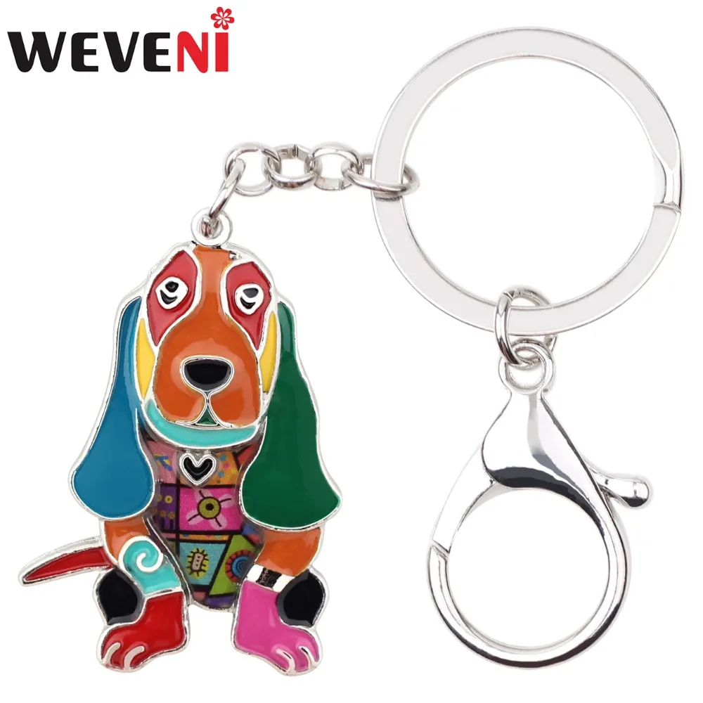 WEVENI Enamel Metal Basset Hound Dog Key Chains Keychain Keyrings Jewelry For Women Girls Pendant Hot Car Pendant Cute Accessory