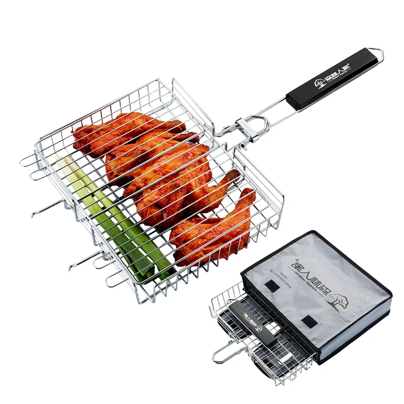 Barbecue Grilling Basket Wood handle Adjustable Folding BBQ Basket Steak Fish Corn Vegetable Grill Net Rack Mesh BBQ Accessories