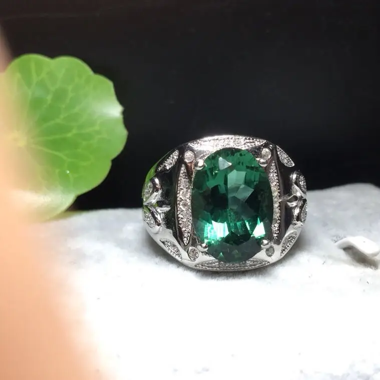 Men Ring Green Crystal Natural Real Green Crystal 925 sterling silver Gem size 10*14mm Fine Green crystal Men Ring