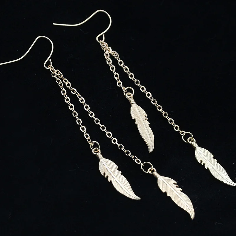 JIOFREE Long chain Alloy feathers Clip on Earrings Non Piercing For Women Girts Fashion Party Wedding Ear Jewelry Gifts