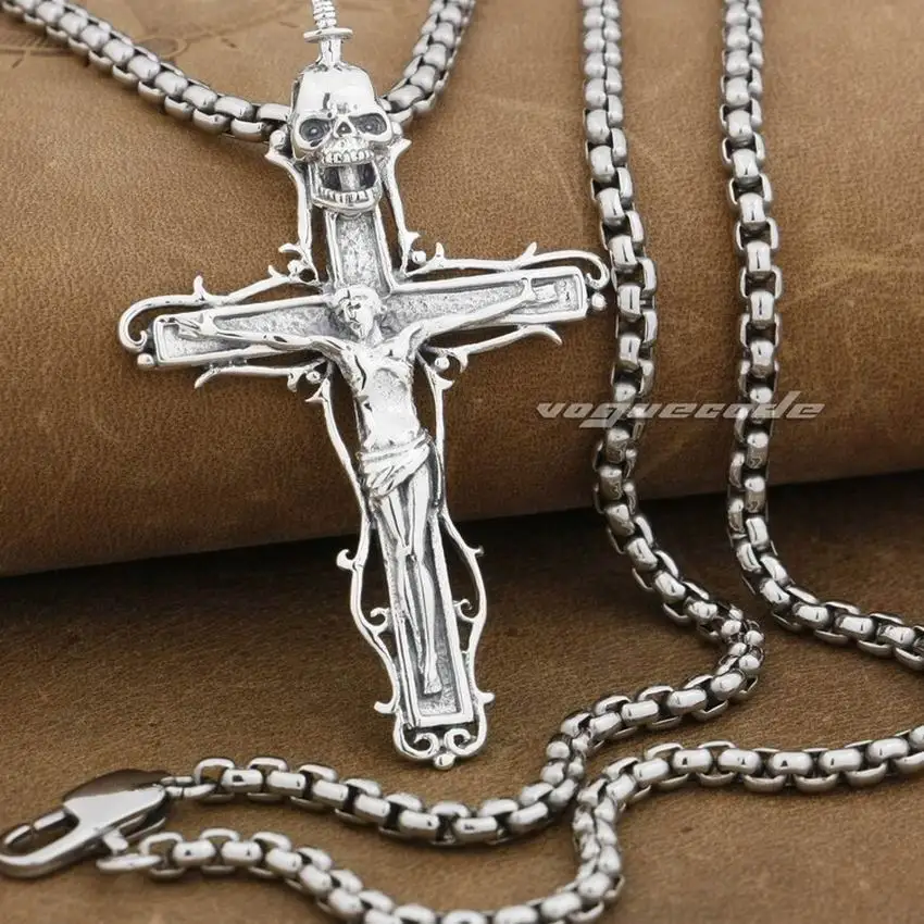 LINSION 925 Sterling Silver Jesus Crucifix Cross Sword Skull Mens Biker Rock Punk Pendant 9F027