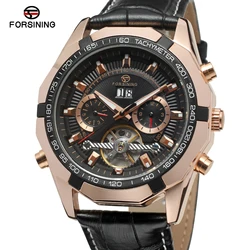 Forsining Top Brand Business Men's Watch Gold  Leather Automatic Mechanical Toubilion Wrist Watches Relogio Masculino