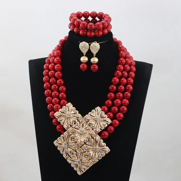 Gold Pendant Necklace Graceful Red African Beaded Wedding Costume Jewelry Sets Big Jewelry Set 16 Colors Free Shipping ABH242