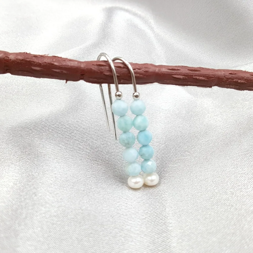 

LiiJi Unique Natural Stone Blue Larimar Freshwater Pearl 925 Sterling Silver Earrings Women Fashion Daily Jewelry