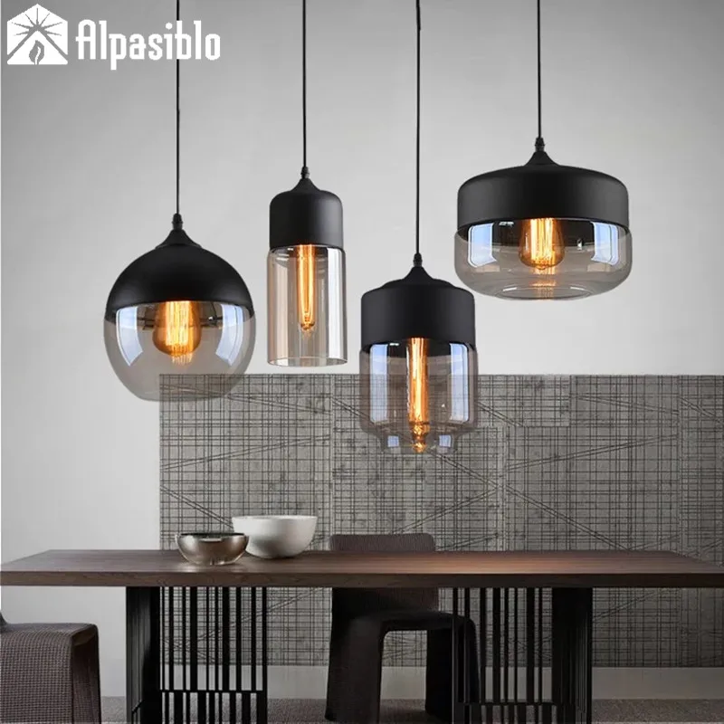 

Alpasiblo Vintage Black Glass Pendant Lights Dining Room , Wood Color Industry Indoor Bar LED Pendant Lamp champagne Clear Co