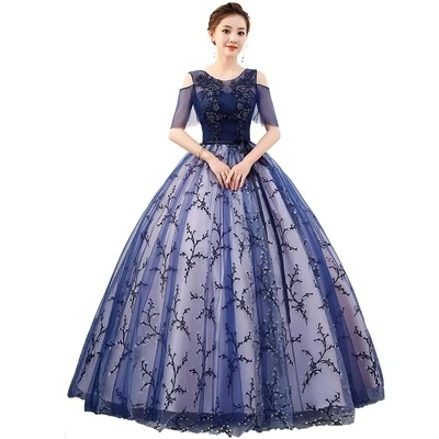 100%real fairy royal blue printing cosplay gown Medieval dress queen Renaissance Gown vintage Victoria dress Belle