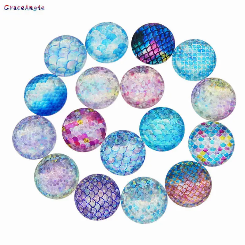 GraceAngie 5pcs Colorful Mermaid Sequins Scale Cabochon Mixed Round Oval Glass Cameo Jewelry DIY Accessory Setting Finding