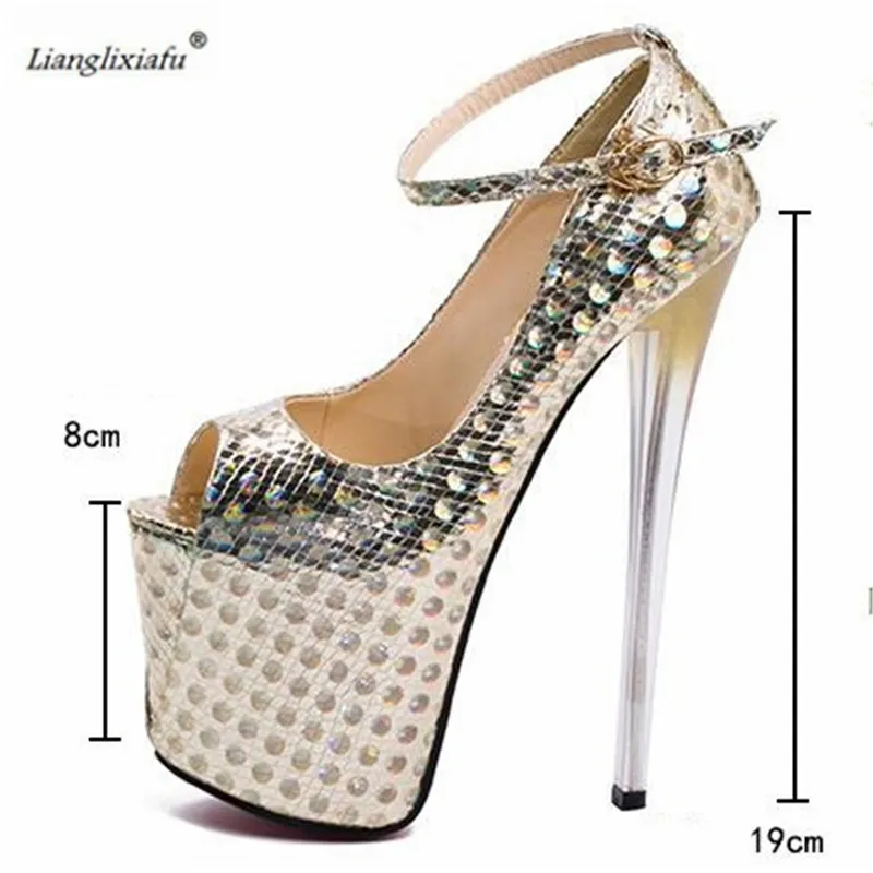 LLXF Plus:34-47 48 49 50 Fashion Patent Leather Stiletto 19cm Thin High Heels Platform Shoes Buckle Women Peep Toe Pumps Zapatos