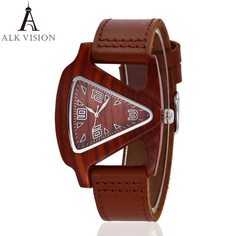 ALK femmes montre en bois dames montres à Quartz femme mâle bambou bracelet en cuir montre-bracelet unisexe Triangle bois horloge Dropshipping