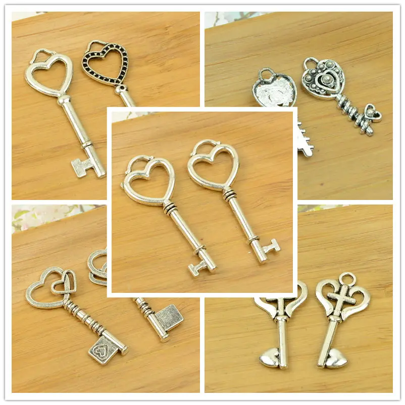 

DIY hollow key shape heart carved out vintage alloy charm pendant lock fit jewelry making accessories findings antique silver