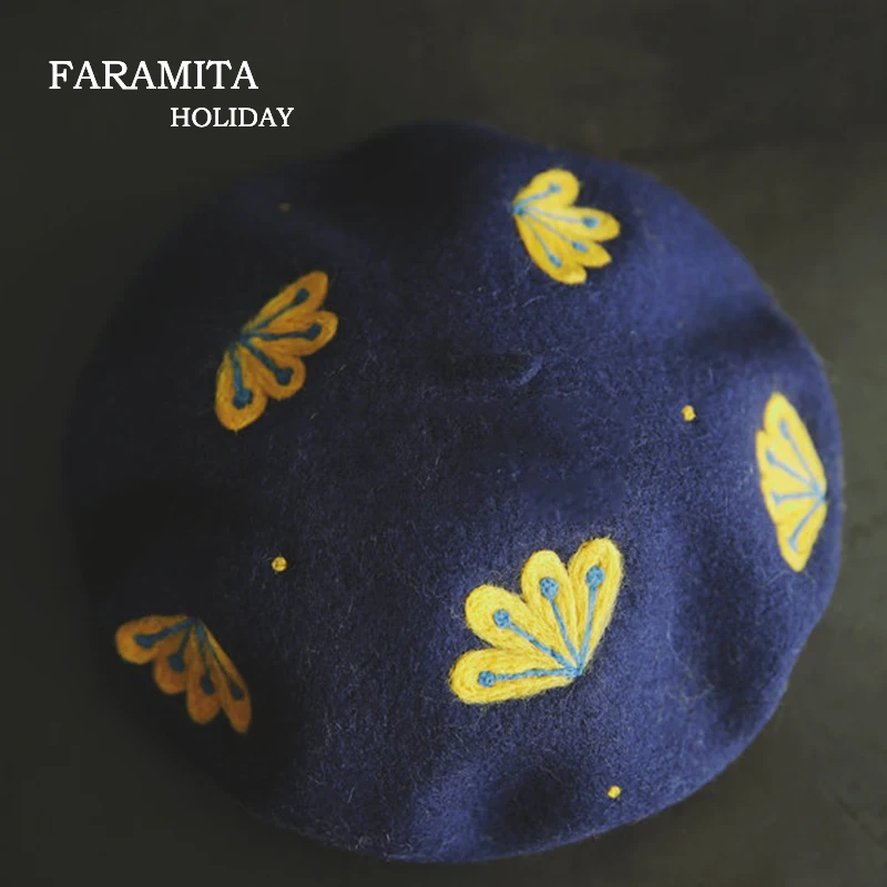 Faramita Holiday Ethnic Style Floral Wool Felt Navy Women Girls Kids Flowers Berets Winter Manual Hand-made Beret Hats Caps