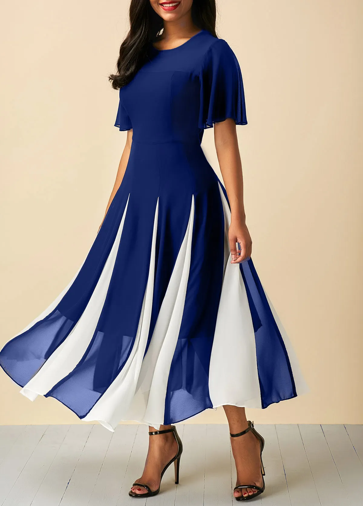 women summer elegant dresses Vestidos Black and blue elegant chiffon patchwork round-neck dress dress