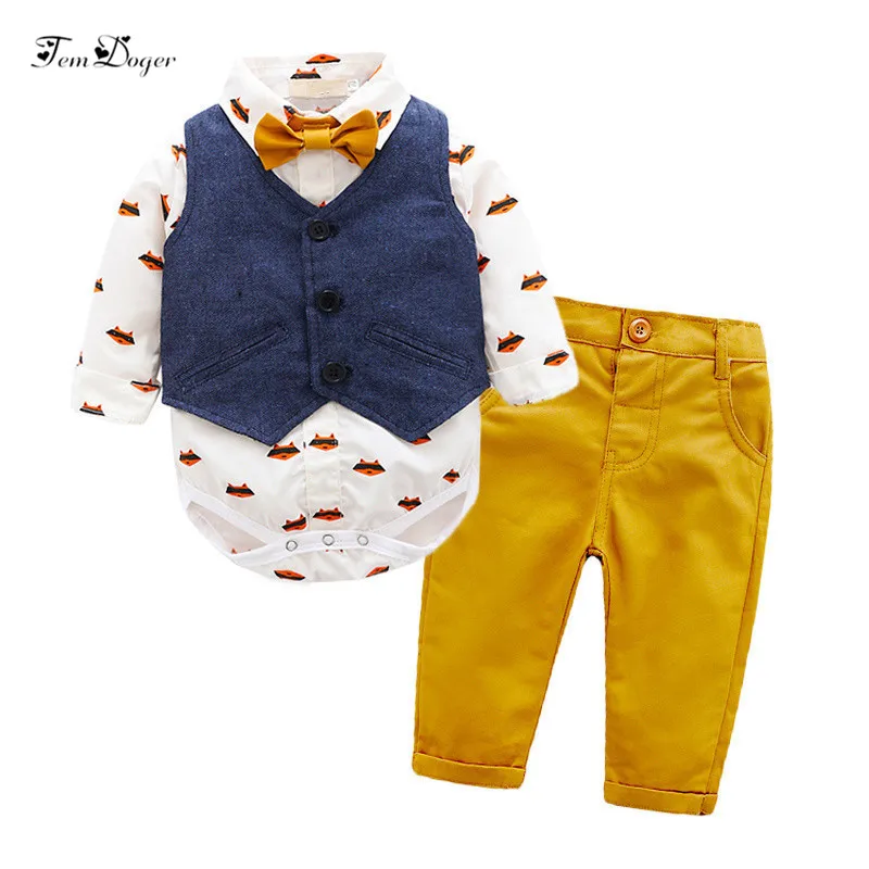 Tem Doger Baby Boy Clothing Sets Autumn Newborn Boys Gentlemen Bowtie Clothing Set Babes Boy Rompers Vest Pants 3PCS Formal Suit