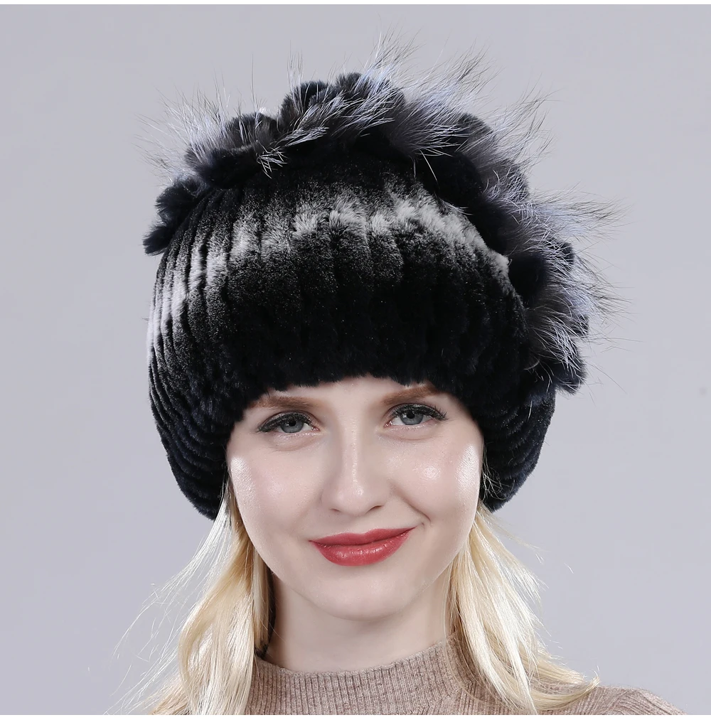 Neue Russische Damen Echt Rex-Kaninchenfell Mützen Luxuriöse Gestrickte Blumen Echte Rex-Kaninchenfell Kappe Winter Echt-Fell Beanie Mütze – Detail 17