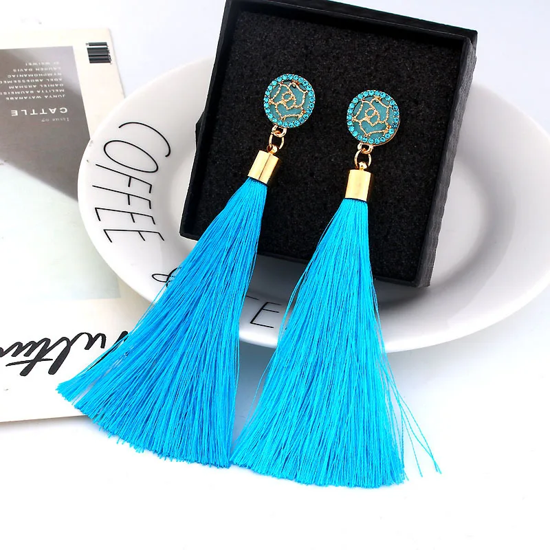 Fashion Bohemian Tassel Crystal Long Earrings Silk Fabric Drop Dangle Tassel Earrings For Women White Red New 2020 Jewelry