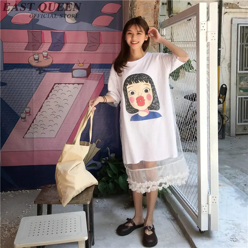 Sommer kleid kawaii gesicht print kurzarm frauen kleid sommer 2018 rundhals patchwork spitze t-shirt kleid NN0591 YQ