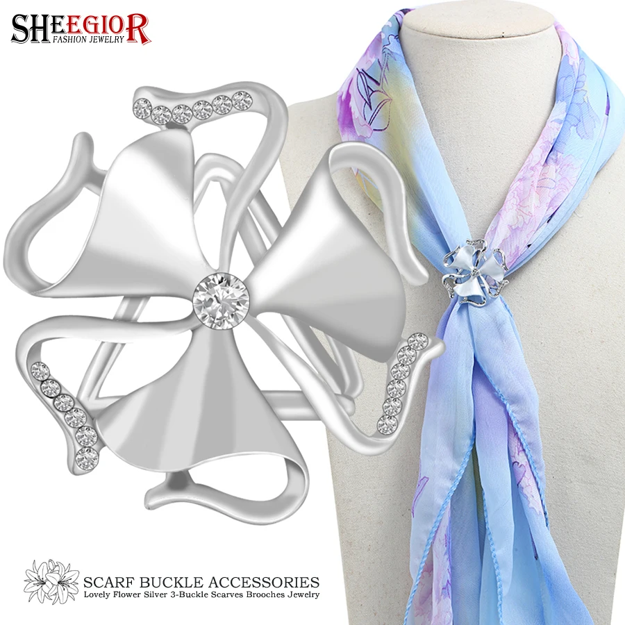 Crystal Hollow Flower Silk Scarf Buckle Brooches for Women Accessories Silver color Scarves Cape Button Brooch Fashion Jewelry