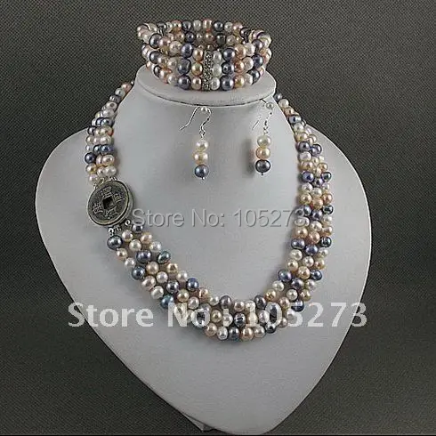 Charming!jewelry set 3rows AA 6-7MM mixes color Genuine freshwater pearl necklace bracelet earring Hot sale free shipping A2392