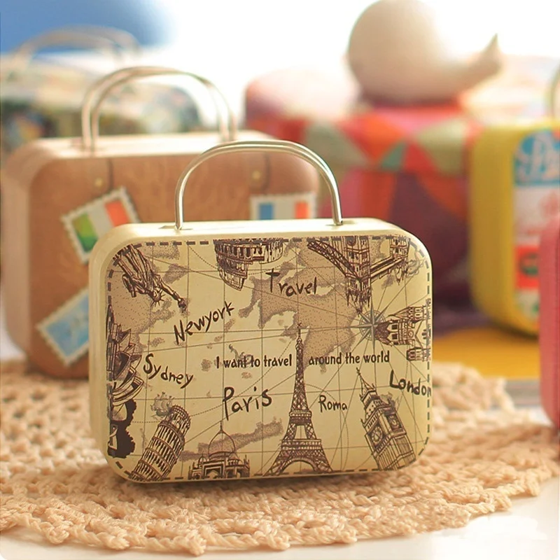 European Style Vintage Suitcase Shape Candy Storage Box Wedding Favor Iron Tin Box Organizer