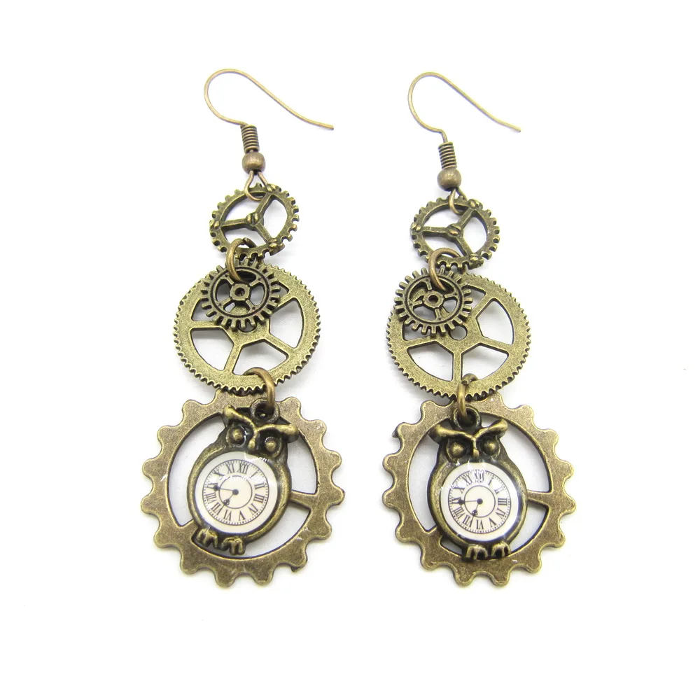 Cykopv New Original Design Owl Clock Drop and Multi Gears Vintage Steampunk Earring Female`s Accessory