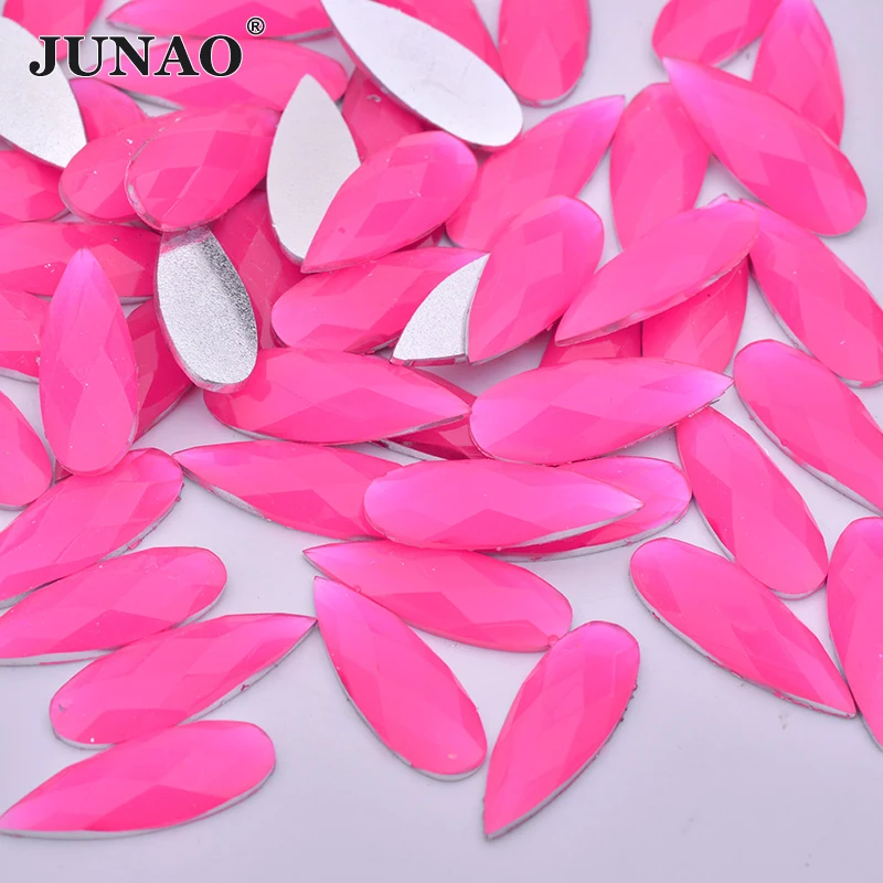 JUNAO 8*22mm 100Pcs Neon Yellow Drop Rhinestone Applique Flatback Large Resin Stones Non Sew Crystal Strass Stickers for Crafts
