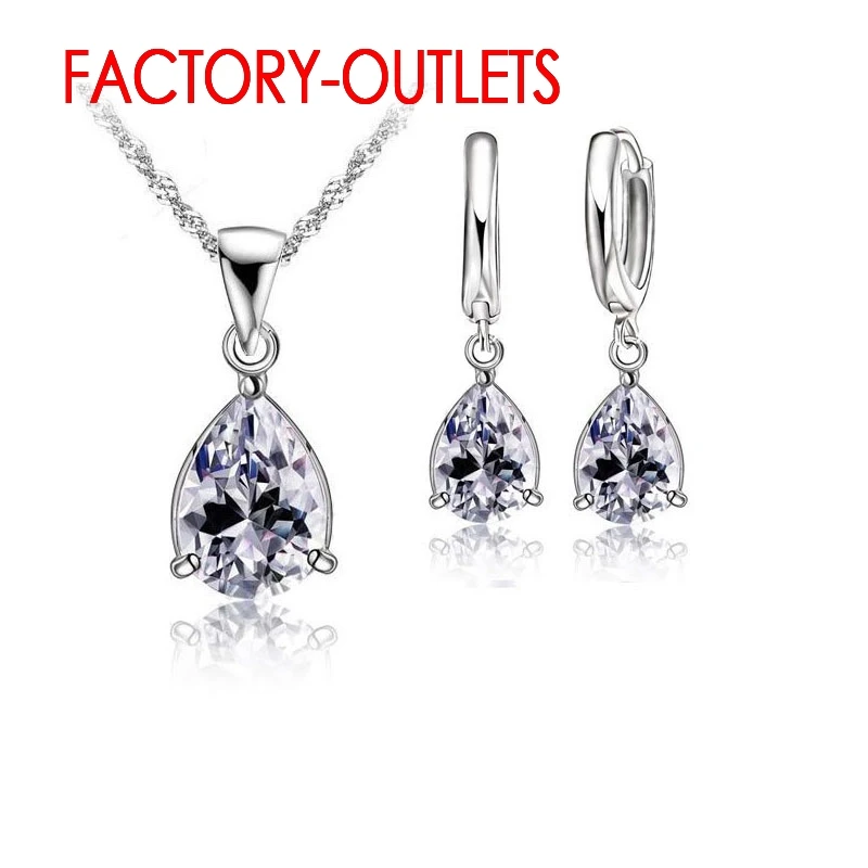 Hot Sale 925 Silver Needle Bridal Jewelry Sets Cubic Zirconia Water Drop Necklaces Hoop Earrings Women Party Anniversary