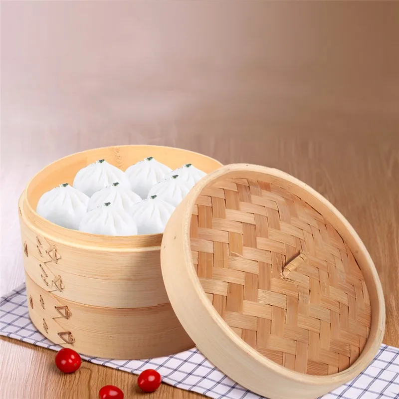 

Durable Cookware 2 Tiers 8" Healthy Bamboo Steamer Dim Sum Basket Rice Sum Pasta Cooker Set With Lid Chinese Kitchen Cookware