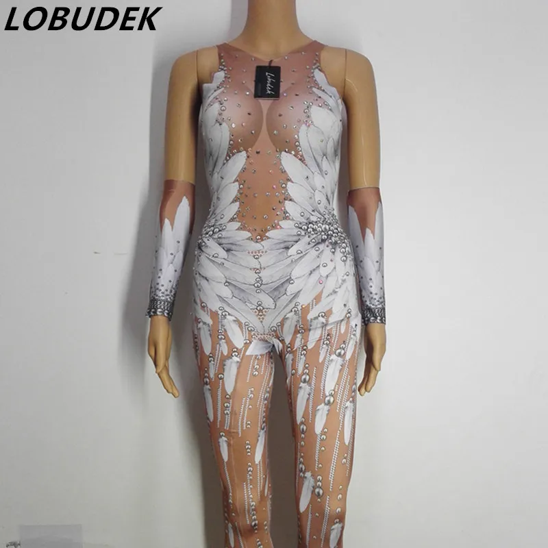 3D Printing Jumpsuit Club Crystals Elastic Leotard Sexy Stage Costume Singer Dancer Nightclub Bar Dance Team Performance Clothes