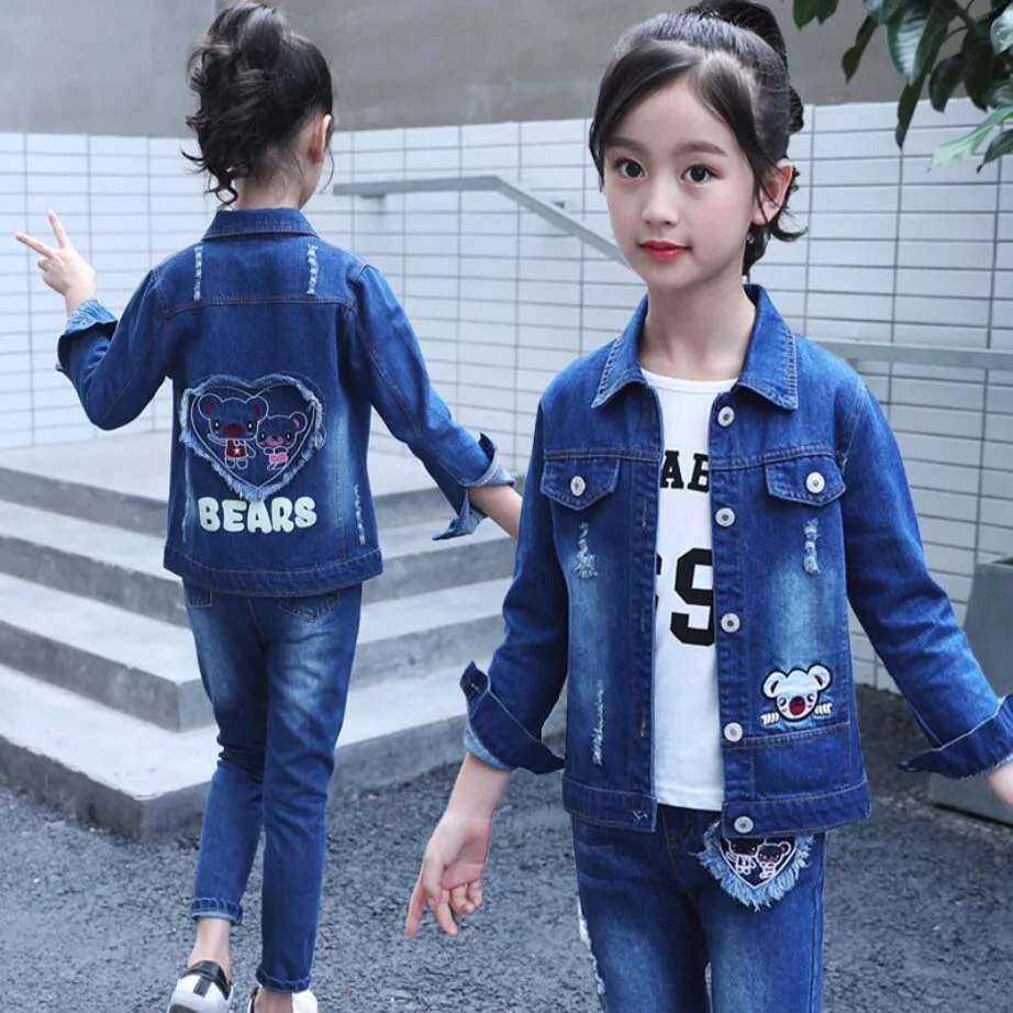 Kids Clothes Boys Girls Denim Clothing Sets Chidlren Cartoon Flowear Warm Jacket Kids Jeans Teenage Active Costume Sets Pants