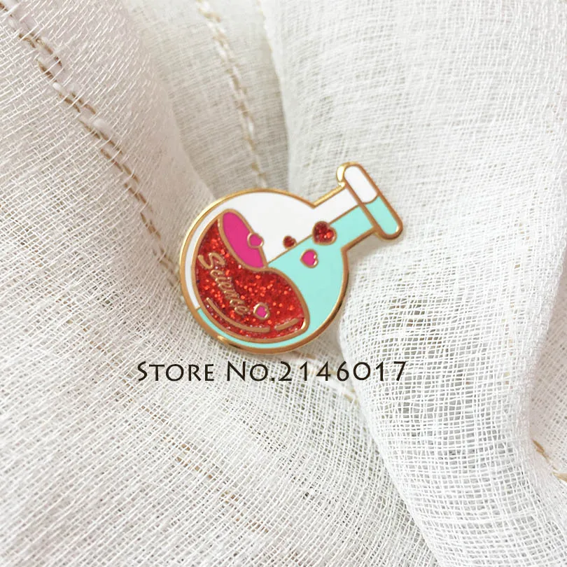 

50pcs Fantastic Custom Enamel Metal Glitter Badge Science Lapel Pin Chemical Knowledge Study Lab Flask Pins Brooch Flask Metal