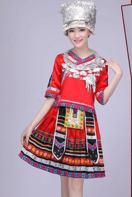 Chinese Folk Dance Hmong clothes Miao Dress Women Hmongb Ethnic Stage Red Perform